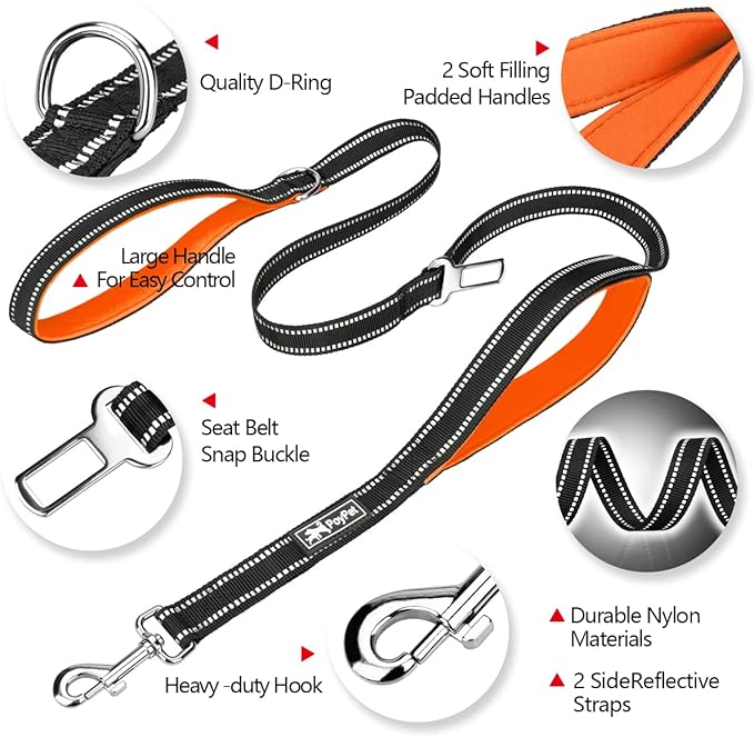 PoyPet 5 Feet Heavy Duty Dog Leash - Car Seat Belt - 2 Handles -Padded Traffic Grip for Extra Control(Orange)