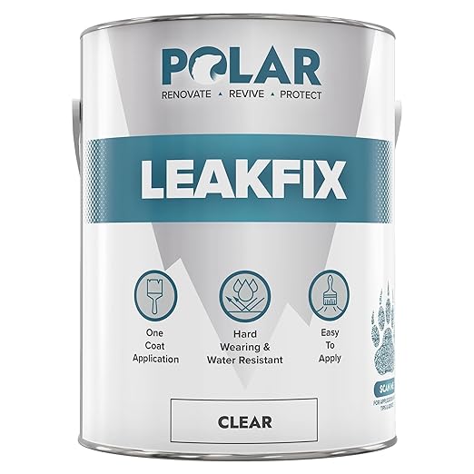 Polar Specialist Coatings Clear Leak Fix Paint - 85 oz - One Coat Waterproof Sealant with Reinforced Fibers, Instantly Seals Leaks & Cracks for Roofs, Drainpipes and Gutter Repairs for Exterior Use