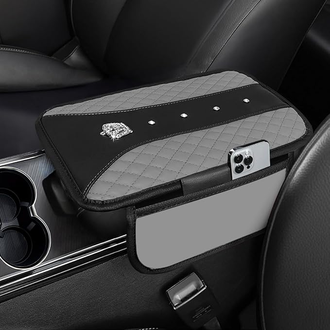 NBTEPEM Bling Crown Car Center Console Armrest Cover, Leather Middle Console Cover Cushion with 2 Storage Bags, Car Armrest Storage Box Interior Accessories for Most Vehicles(Gray)