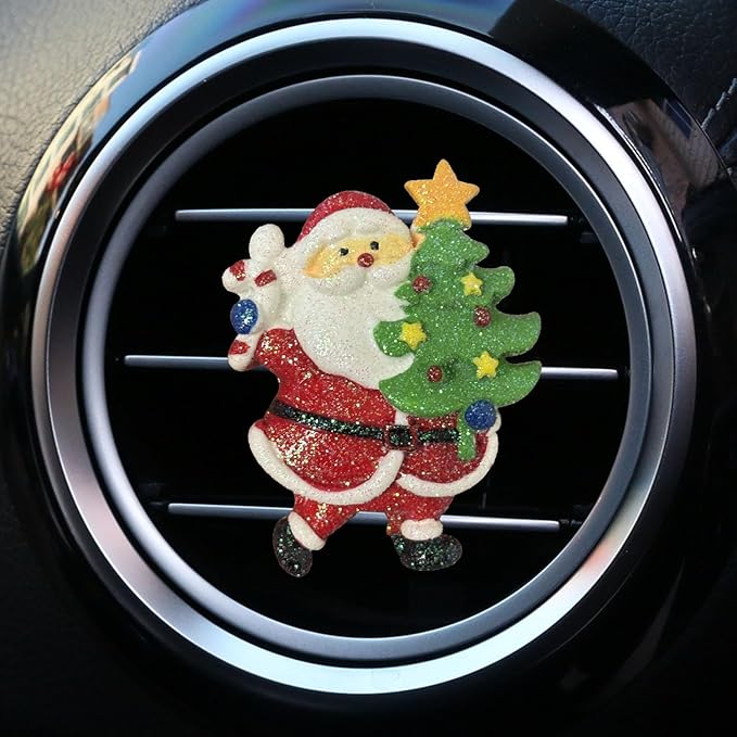 Set of 4 Christmas Car Air Freshener Vent Clips, Cute Glitter Santa Snowman Xmas Tree Car Air Conditioning Outlet Clip Charms, Fun Auto Interior Decoration Accessories