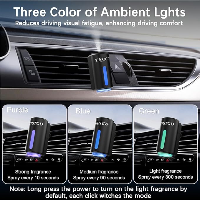 Smart Car Air Freshener, Car Air Freshener Diffuser with 3 Adjustable Light Modes, Rechargeable Aromatizante para Carro with 8pcs Essential Oil, Long-Lasting, Black