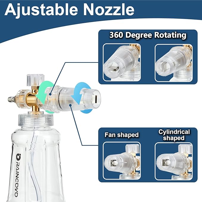 Foam Cannon for Pressure Washer, Snow Clear Foam Cannon for Car Wash, Stainless Steel Filter, Adjustable Nozzle with M22 and 1/4 Inch Quick Connect, Additional 1.1 mm Orifice Nozzle