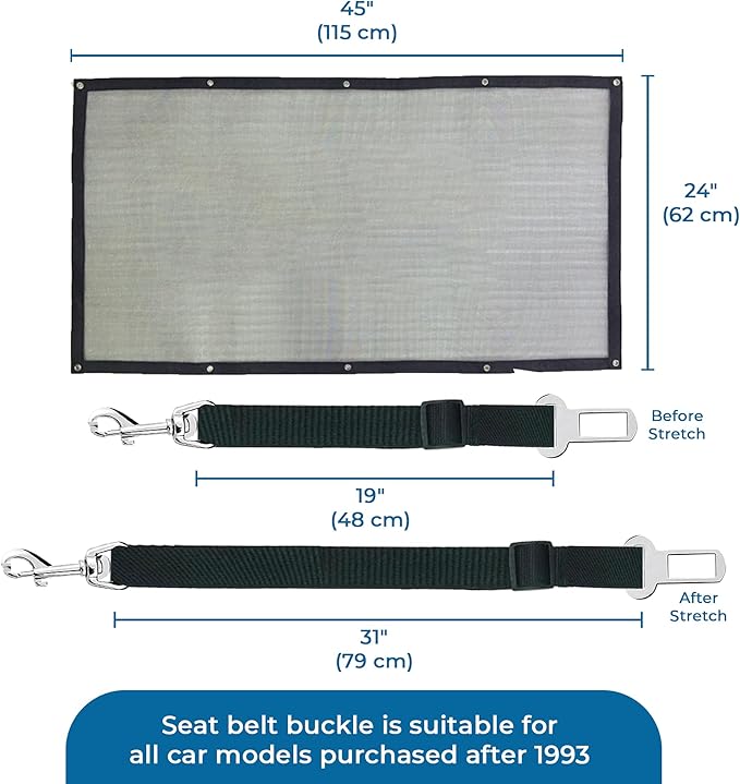 SunGrow  Dog Seat Belts with Barrier, 2 Adjustable 28" Nylon Belts, 24" x 45" Micro Mesh Net Divider for Cars, SUVs, and Trucks, 4 Hooks and Luggage Ropes for Assembly, Black, 1 Set per Pack
