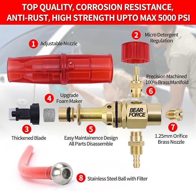 BEAR FORCE Pressure Washer Brass Foam Cannon Foam Generator Snow Foam Lance with 1/4” Quick Connector & 1.25mm & 1.10mm Orifice Nozzle, 360° Adjustable Thicker Snow Foam with 32 oz Soap Car Wash