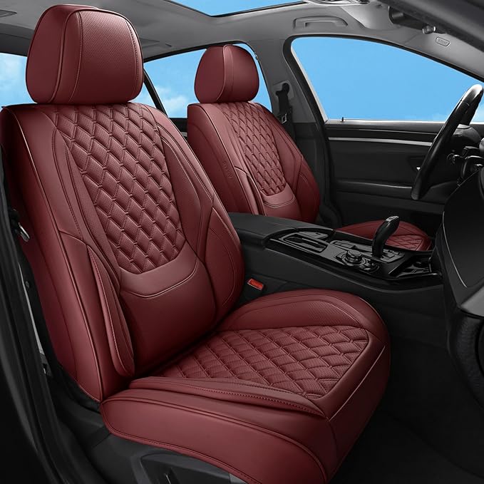 Car Seat Covers Front Seats Burgundy, Luxury Faux Leather Women Waterproof Non-Slip Seat Protector Universal Fit for Most Cars SUVs Trucks Pick-ups Car Accessories Interio(Wine Red-Front Seats)