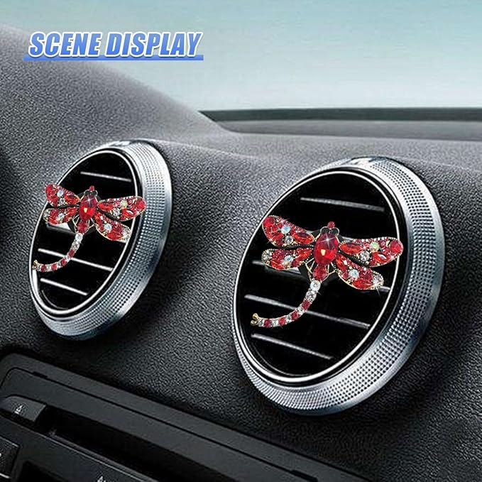 2PCS Bling Dragonfly Car Air Vent Clips, Crystal Rhinestone Car Air Conditioning Outlet Clip, Universal Cute Vehicle Interior Diffuser Decoration Accessories for Women(Red)