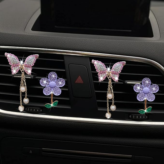 Bling Butterfly Daisy Air Vent Clips, 4 Pcs Butterfly Flower Car Air Fresheners, Cute Car Interior Decor