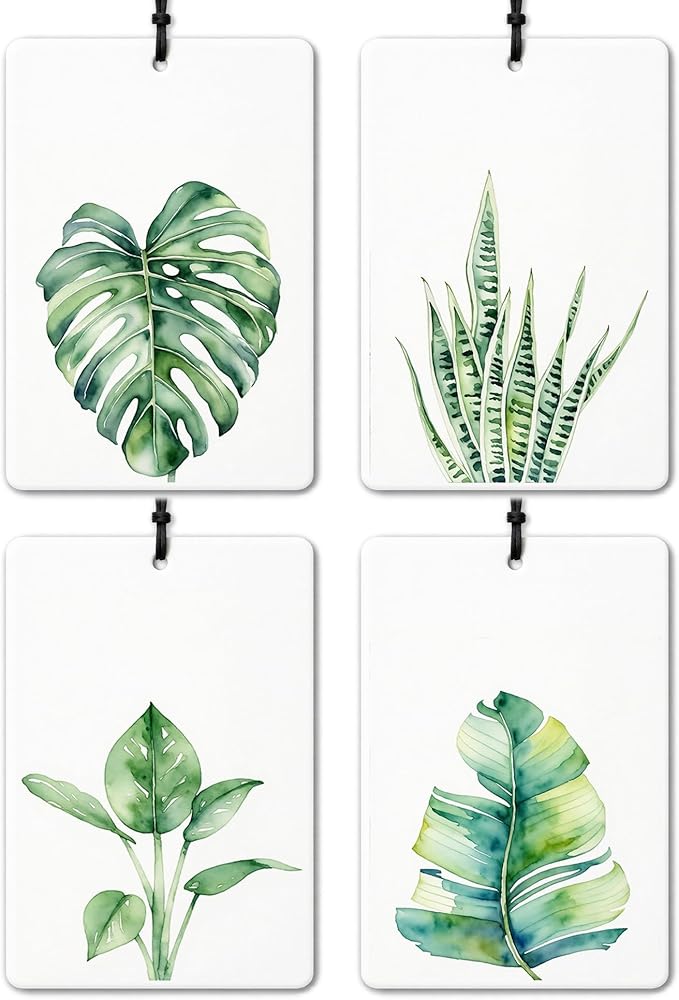 Green Plant Car Air Freshener 4 Pcs, Watercolor Tropical Monstera Succulents Leaves Botanical Air Freshener Hanging for Cars Books Closet Drawer, Plant Car Accessories for Women Men