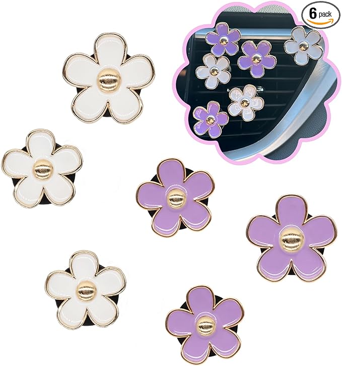 6pcs Flowers Car Air Freshener Vent Clips Purple White Daisy Air Vent Clip Car Accessories for Women 3.3cm/3cm Flower Vehicle Interior Decor Refillable Diffuser