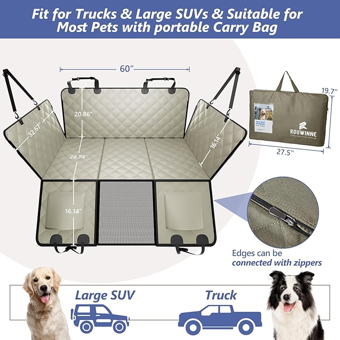 Back Seat Extender for Dogs Truck-Large Space, Dog Pet Seat Cover Back Seat Hard Bottom Holds 400lb, Waterproof Dog Hammock for Crew Cab Trucks F150, RAM1500, Sierra, Tundra, Silverado, Khaki