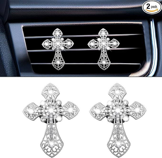 Bling Car Dashboard Air Vent Trim Clips, Crystal Rhinestone Air Vent Clips, Car Interior Decoration Accessories, Cross Air Conditioning Outlet Clip for Women Girls (Silver, 2PCS)