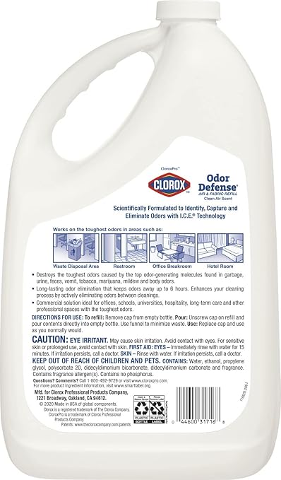 CloroxPro Odor Defense Air and Fabric Spray Refill, Clorox Healthcare Cleaning and Industrial Cleaning Spray, 128 Ounces - 31716