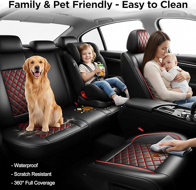 Fit for Equus Seat Covers Compatible with Hyundai Equus 2011-2016 - Waterproof Breathable Leather Automotive Seat Cushions Protector,Airbag Compatible,Only 2 Front seat Covers(Redline)