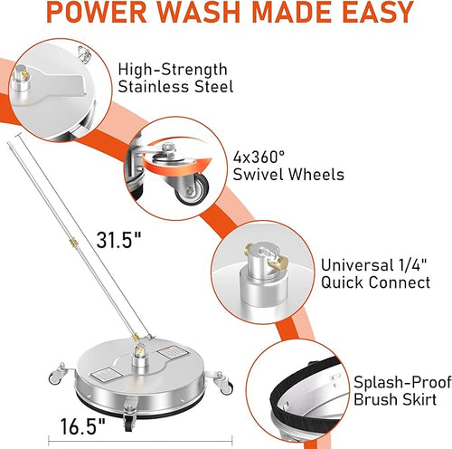 16.5" Pressure Washer Surface Cleaner with 4 Wheels, 4000 PSI Max Stainless Steel Surface Cleaner for Pressure Washer, 2 Extension Wands, 1/4" Quick Plug, for Concrete, Patio, Sidewalk, Deck