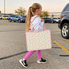 MENZOKE Kids Travel Tray for Toddler Car Seat, Toddler Travel Activities for Girl with iPad Holder Stand & Storage Pockets, Road Trip Essentials Accessories Lap Tray as Birthday Gift, Beige & Pink