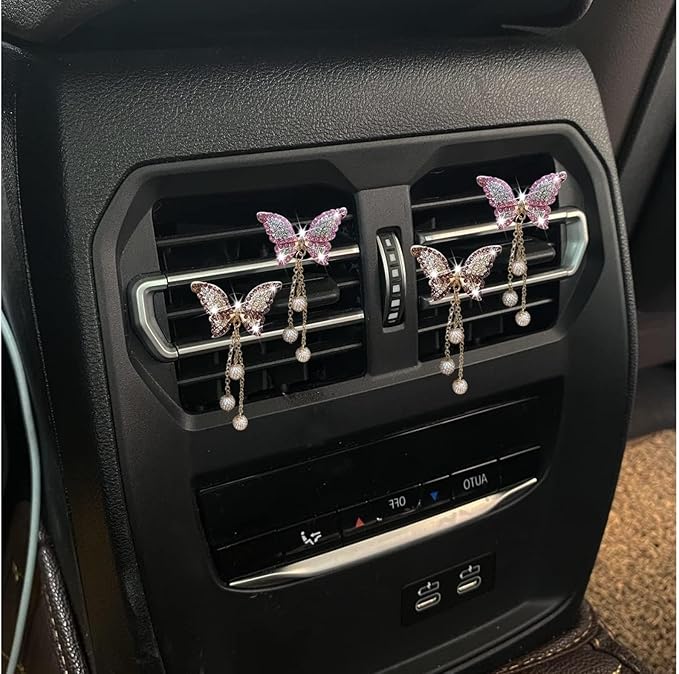 4Pcs Bling Butterfly Car Aromatherapy Air Vent Clips,Diamond Pearl Pendant Butterfly Air Fresheners Vent Clips Cars Decoration Cars Interior Decor Bling Car Accessories for Women, Interior Accessories