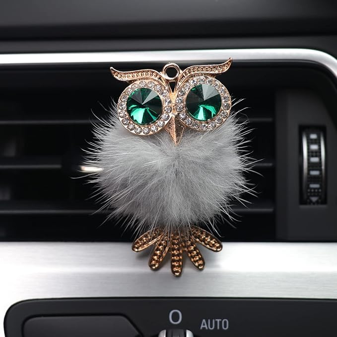 HungMieh 1PCS Bling Car Accessories for Women, Rhinestone Car Décor Interior, Car Charm Air Vent Clip with Pads for Fragrance (Owl Grey)