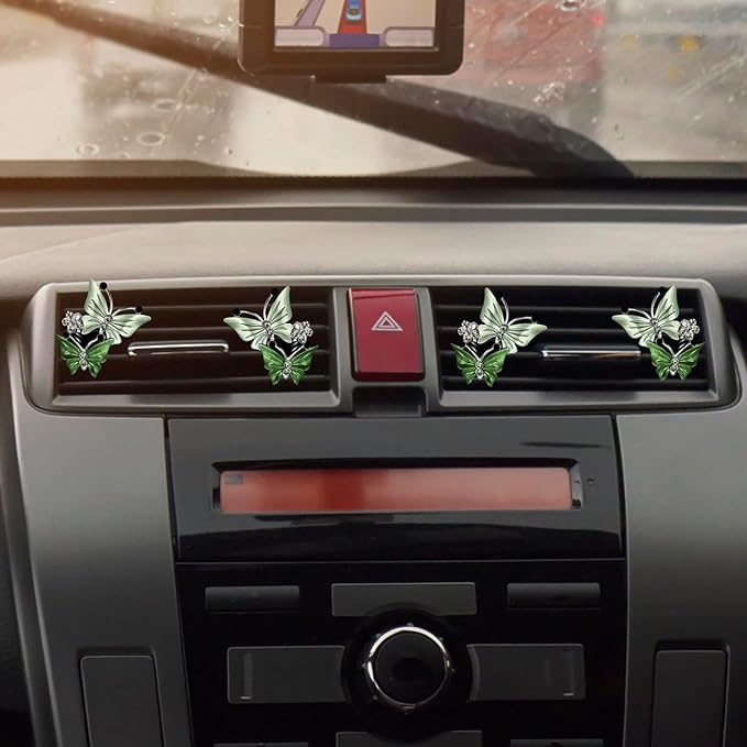 4 Pack Butterfly Car Air Fresheners Vent Clips Cute Air Conditioning Clips Decoration Rhinestone Vent Diffuser Clips Decor (Green)