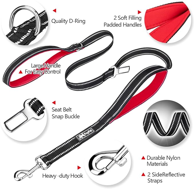 PoyPet 5 Feet Reflective Dog Leash Tether + Car Seat Belt+ Dual Padded Grip Handles (Red)