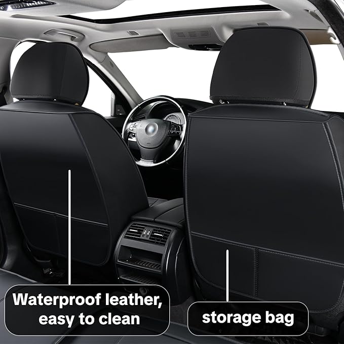 Universal Car Seat Covers, Black, Waterproof Faux Leather, Full 5-Seat Set, Non-slip, Contoured Fit, Suitable for Suvs, Sedans, Pickups, Upgraded Protection for Car Interiors, Airbag Compatible