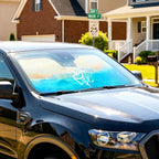 63"x28.5" Car Windshield Sun Shade with Storage Pouch, Stylish Printed Front Window Sunshade with Double Ring Frame, Universal Fit Foldable Heat Blocker & UV Protector for SUV, Sedan (Beach)