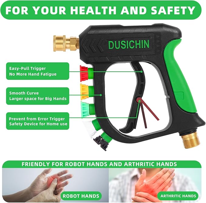DUSICHIN Short Pressure Washer Gun Car Wash Foam Gun 1/4" Quick Connector, Power Washer Wand Sprayer Foam Green Handle with 3/8" Quick Connect, M22-14 mm and M22-15 mm Fitting,5 Nozzles DUS2701
