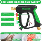 DUSICHIN Short Pressure Washer Gun Car Wash Foam Gun 1/4" Quick Connector, Power Washer Wand Sprayer Foam Green Handle with 3/8" Quick Connect, M22-14 mm and M22-15 mm Fitting,5 Nozzles DUS2701
