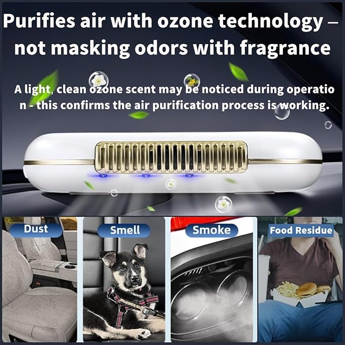 Solar-Powered Car Air Purifier with USB Charging & Ozone Odor Elimination - Portable HEPA Filter-Free Ionizer for Pet Odors, VOCs - Compact, Silent, Best for Car Use (8820 white)