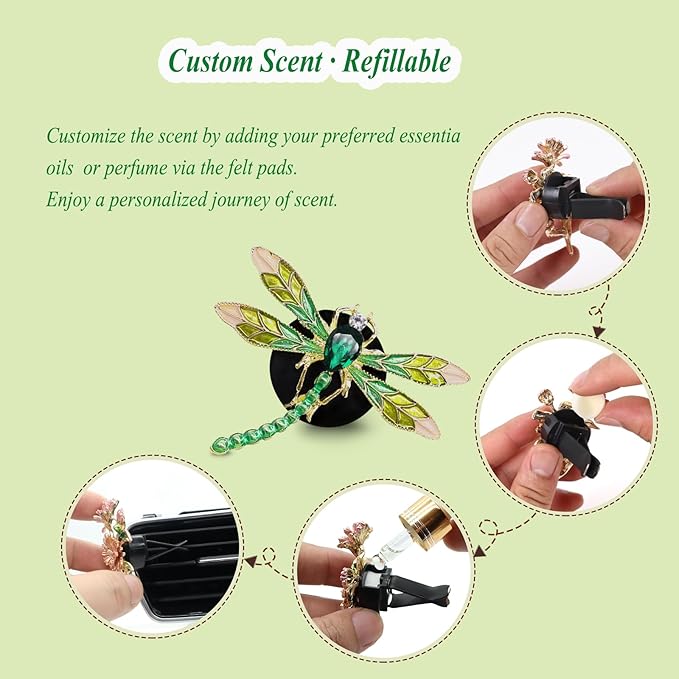 Dragonfly Car Decor,2pcs Bling Dragonfly Air Freshener Vent Clips,Cute Car Accessories,Refillable Car Diffuser, Glamorous Green Decor