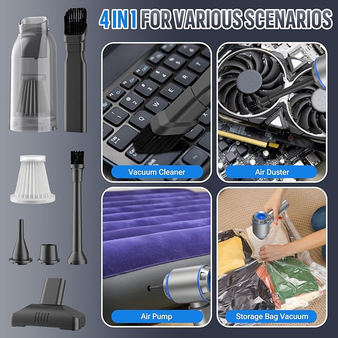 Mini Vacuum Cleaner, 2 in 1 27000PA Brushless Car Vacuum &250000RPM Air Duster 9000mAh Battery Air Blower Wireless Handheld Vacuum for Car,Office and Home (25Kpa)