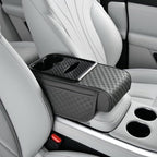 Car Center Console Armrest Pad, Arm Rest Box Cushion with Ergonomic Height Boost, Storage Pockets, Built-in Tissue Box, Cupholder, Fit for Most Sedan Vehicles (Embossing Checkerboard, Grey)