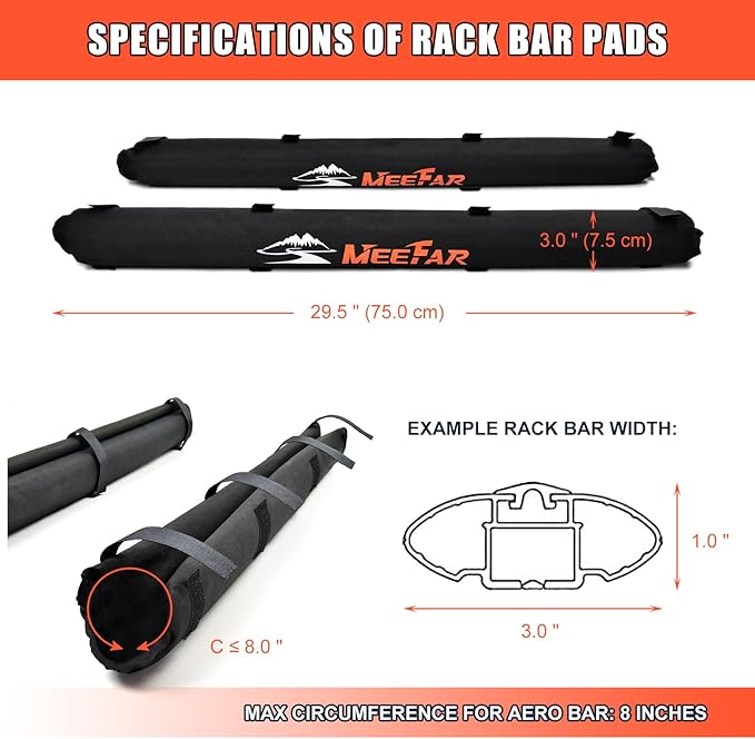 MeeFar Universal Car Soft Roof Rack Pads Luggage Carrier Rack for Kayak Surfboard SUP Canoe Include 2 Heavy Duty Tie Down Straps, 2 Tie Down Rope, 2 Quick Loop Strap