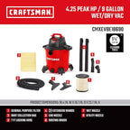 CRAFTSMAN CMXEVBE18690 9 Gallon 4.25 Peak HP Wet Dry Vac, Portable Shop Vacuum Wet and Dry with Filter, Dust Bag, Dusting Brush, Hose and Attachments for Home, Garage and Automotive Cleaning