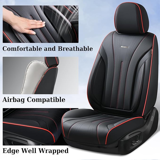 Coverado Car Seat Covers Full Set, Leather Seat Covers for Car, Waterproof Seat Covers, Automotive Seat Cushions, Breathable Car Seat Protector Universal for Most Sedans, Trucks, SUV (Black &Red Line)