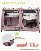 Portable Twin Compartment Show House Cat Cage Condo,Comfy Puppy Home Dog Travel Crate with Carry Bag/2 Hammocks/Mats & Collapsible Litter Box and Water Bottle