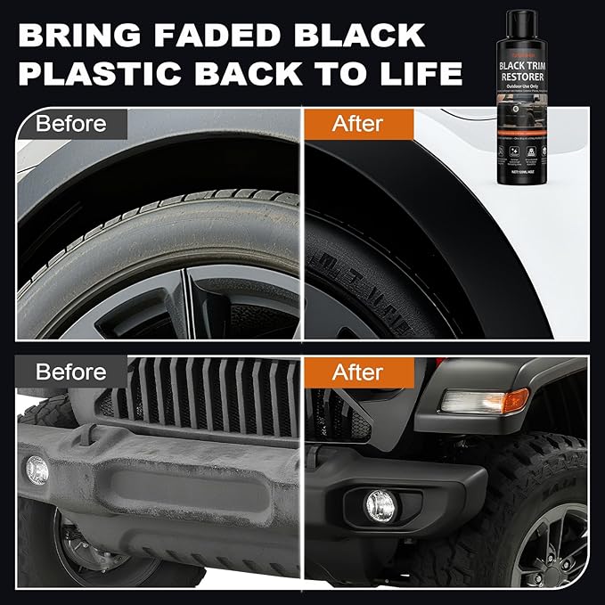 Black Trim Restorer Outdoor-Use Only Restores Deep Black Color in Minutes UV & Water Resistant Long-Lasting Protection for Exterior Plastic, Vinyl & Rubber Glossy Streak-Free Finish 8oz