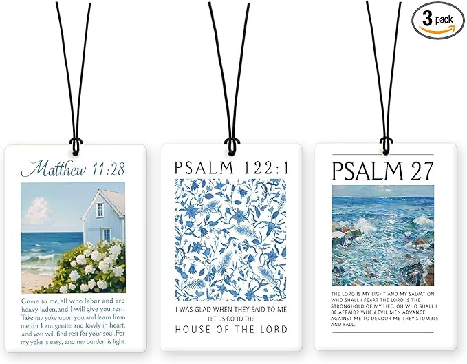 Lacama Blue Christian Car Air Freshener 3Pcs, Coastal Flower Christian Bible Verse Cars Scents Air Freshener for Women Girls Gifts, Blue Religious Car Accessories Interior Mirror Decor Hanging