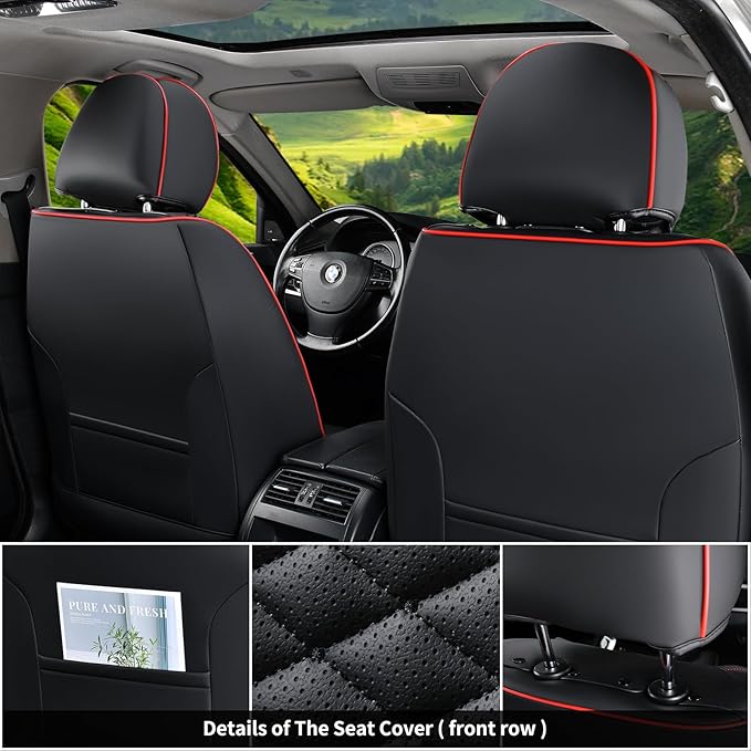 Coverado Seat Covers Full Set, Waterproof Nappa Leather Seat Covers for Cars, 5 Seats Universal Car Seat Protectors, Black Car Seat Covers Car Seat Cushions Fit for Most Cars (Black&Red)