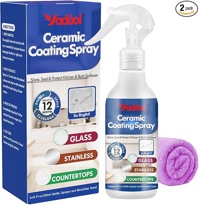 Home Ceramic Coating Spray Kit - Shine, Seal & Protect Kitchen & Bath Surfaces, High-Gloss, Repels Stains & Grime Effective - Great for Stainless Steel, Sinks, Countertops, Glass, and More -2PACK