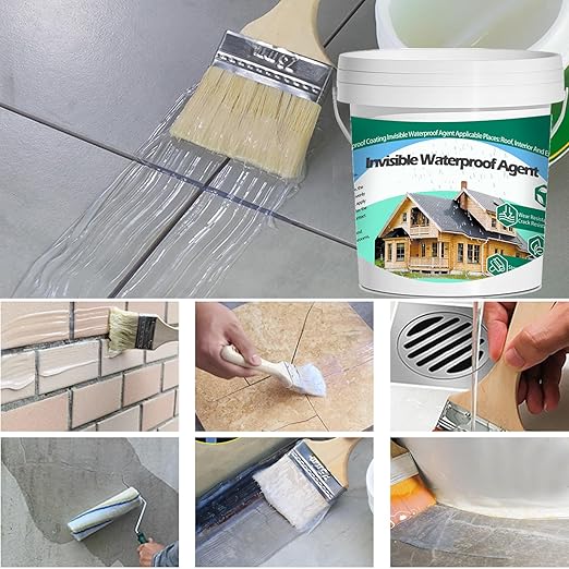 3Kg/106Fl.oz Invisible Waterproof Agent Indoor&Outdoor Waterproof Coating Set Transparent Liquid Sealant with Wooden Brush Resistant Work Gloves Putty Knife Cut Paint Roller
