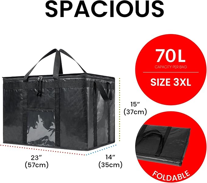 NZ home Insulated Bags for Food Delivery (3XL PRO) Grocery Shopping Cooler Bag, Pizza Delivery, Hot & Cold Catering Tote, Reusable, Foldable & Heavy Duty (4 Pack, Black)