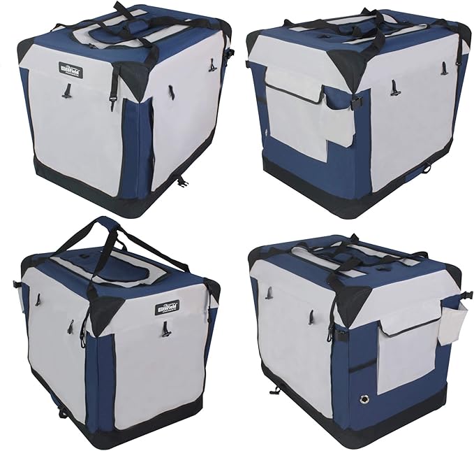 EliteField 4-Door Folding Soft Dog Crate with Curtains, Carrying Bag and Fleece Bed (2 Year Warranty), Indoor & Outdoor Pet Home (20" L x 14" W x 14" H, Navy Blue+Gray)