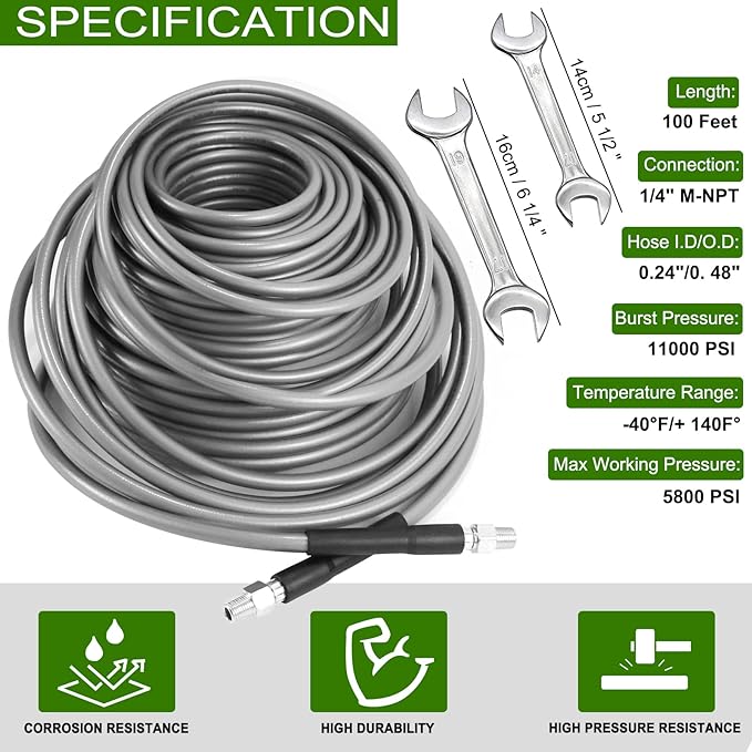 Sewer Jetter Kit 100FT for Pressure Washer, 5800PSI Drain Cleaner Hose 1/4 Inch NPT, Corner, Rotating & Button Nose Sewer Jetting Nozzle with Spanner Watertight Tape Pearl Corsage Pin (Gray Hose)