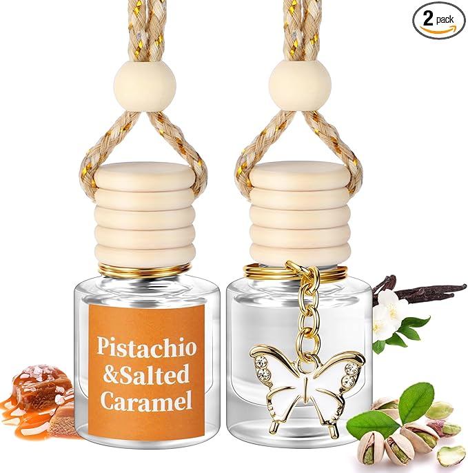2 Pack Car Air Freshener Pistachio and Salted Caramel Hanging Essential Oil Diffuser Long Lasting Car Scent Automobile Aromatherapy with Rearview Mirror Accessories(Butterfly Pendant)
