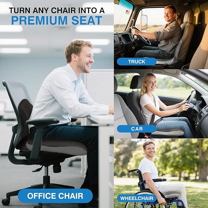Memory Foam Seat Cushion for Truck Drivers with Adjustable Strap Ergonomic Car Seat Cushions for Driving, Chair Cushion for Back Pain，Lumbar Support & Sciatica Relief for Driving Long