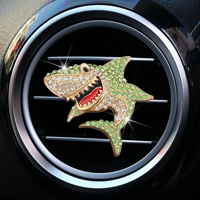 Generic 2 PCS Bling Rhinestone Sharks Car Air Vent Clips Cute Marine Animals Car Air Freshener Clip Air Conditioning Outlet Clip Funny Car Interior Decoration Accessories for Women Men (Pink Green)