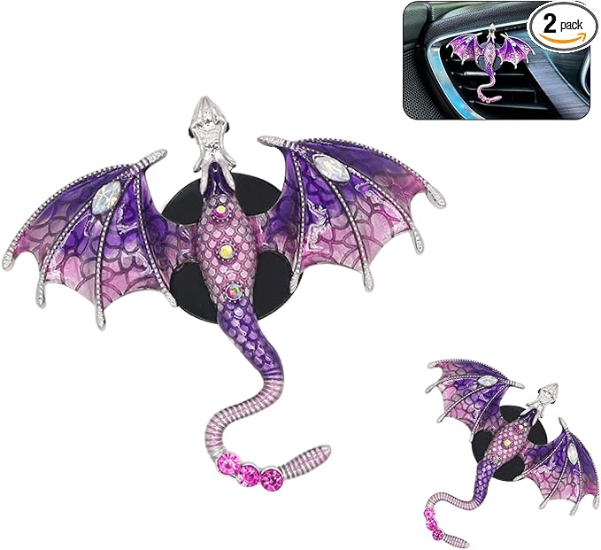 Bling Wyvern Car Air Freshener Vent Clips,2pcs Alloy Purple Enamel Dragon Vent Clips Car Accessories,Refillable Car Diffuser with Felt Mads,Coffee Fragrance Tablets