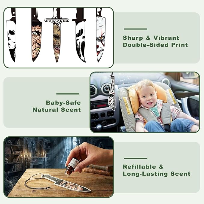10 Pcs Horror Movie Car Air Freshener Set, Blk Ice Scent Halloween Themed Hanging Knife Design, Spooky Halloween Gifts for Women Men, Classic Horror Movie Character Car Accessories Decor.