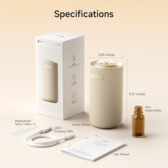 Auto-Start/Stop 2-in-1 Car Diffuser, Waterless Essential Oil Diffuser & Auto Air Freshener for Home Aromatherapy, Cordless Adjustable Fragrance Diffuser Compatible with 5/10/15ml Bottles