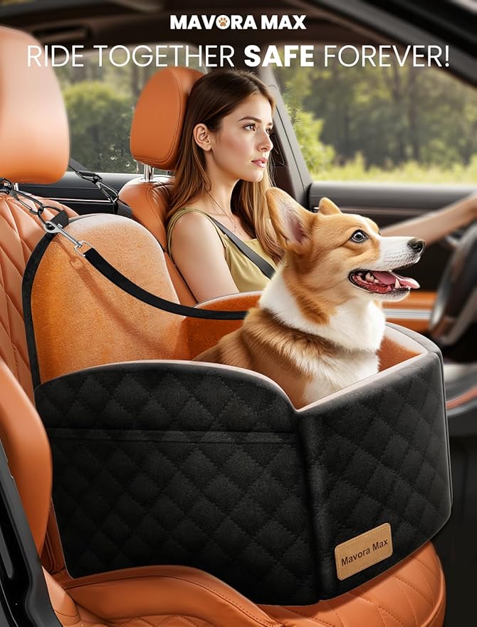 Dog Car Seat for Small/Medium Dogs, Elevated Dog Booster Seat Memory Foam Puppy Car Seat with Washable Cover, Travel Safety Pet Seat for Car with Storage Pockets Up to 35 lbs (Black/Brown)